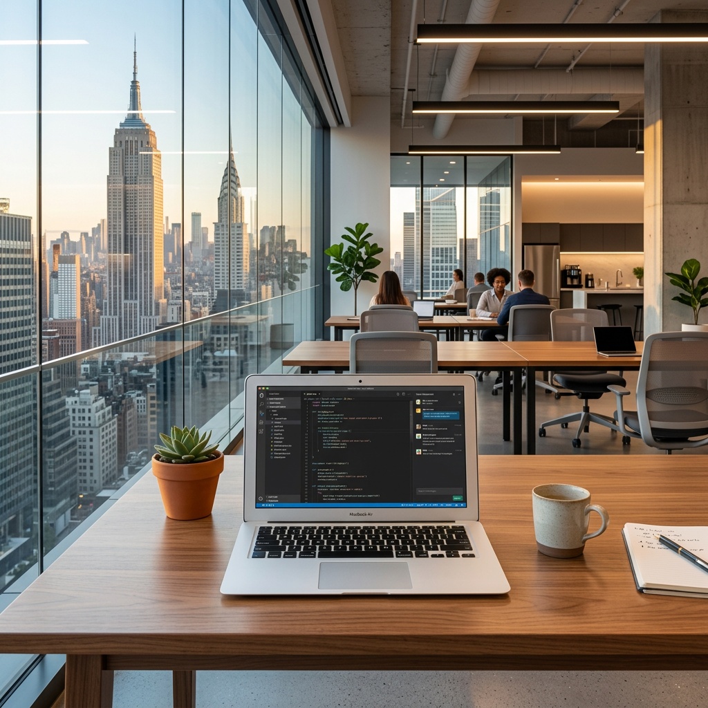 Open office with laptop displaying code, potted plant, coffee mug, and city skyline view